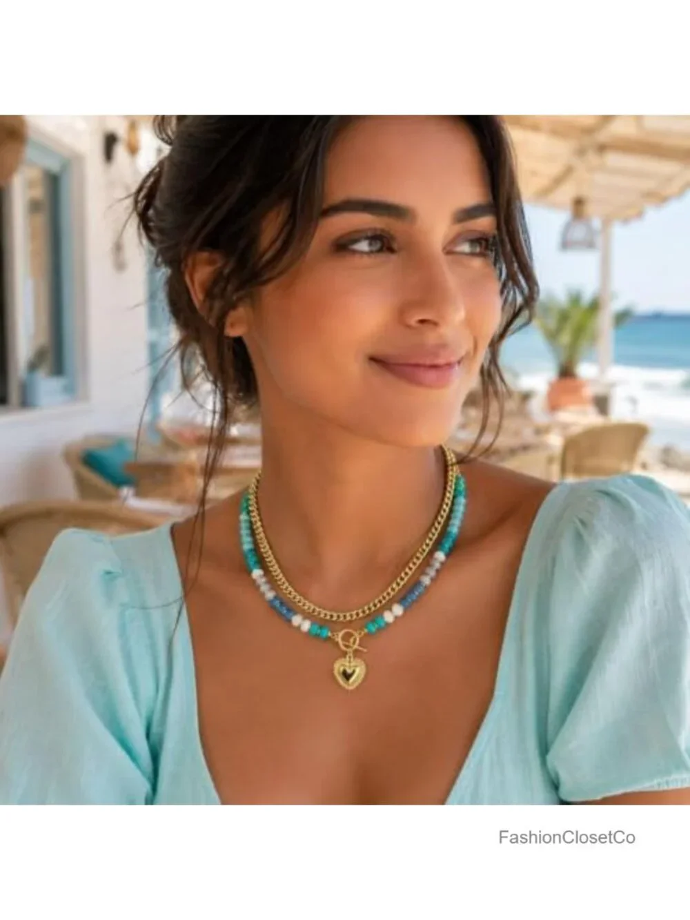 Colorful Beaded Layered Necklace with Heart Pendant Adjustable Choker Chain